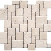 Ivory Mini Versaille Pattern 12 in. x 12 in. x 10 mm Tumbled Travertine Mesh-Mounted Mosaic Tile